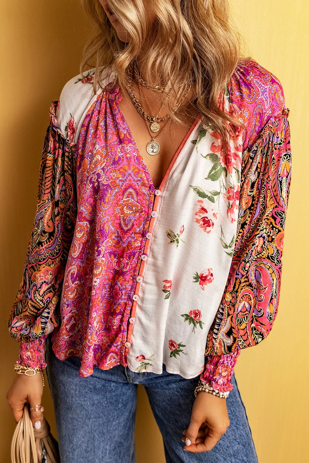 Floral Shirred Cuffs Buttoned Blouse