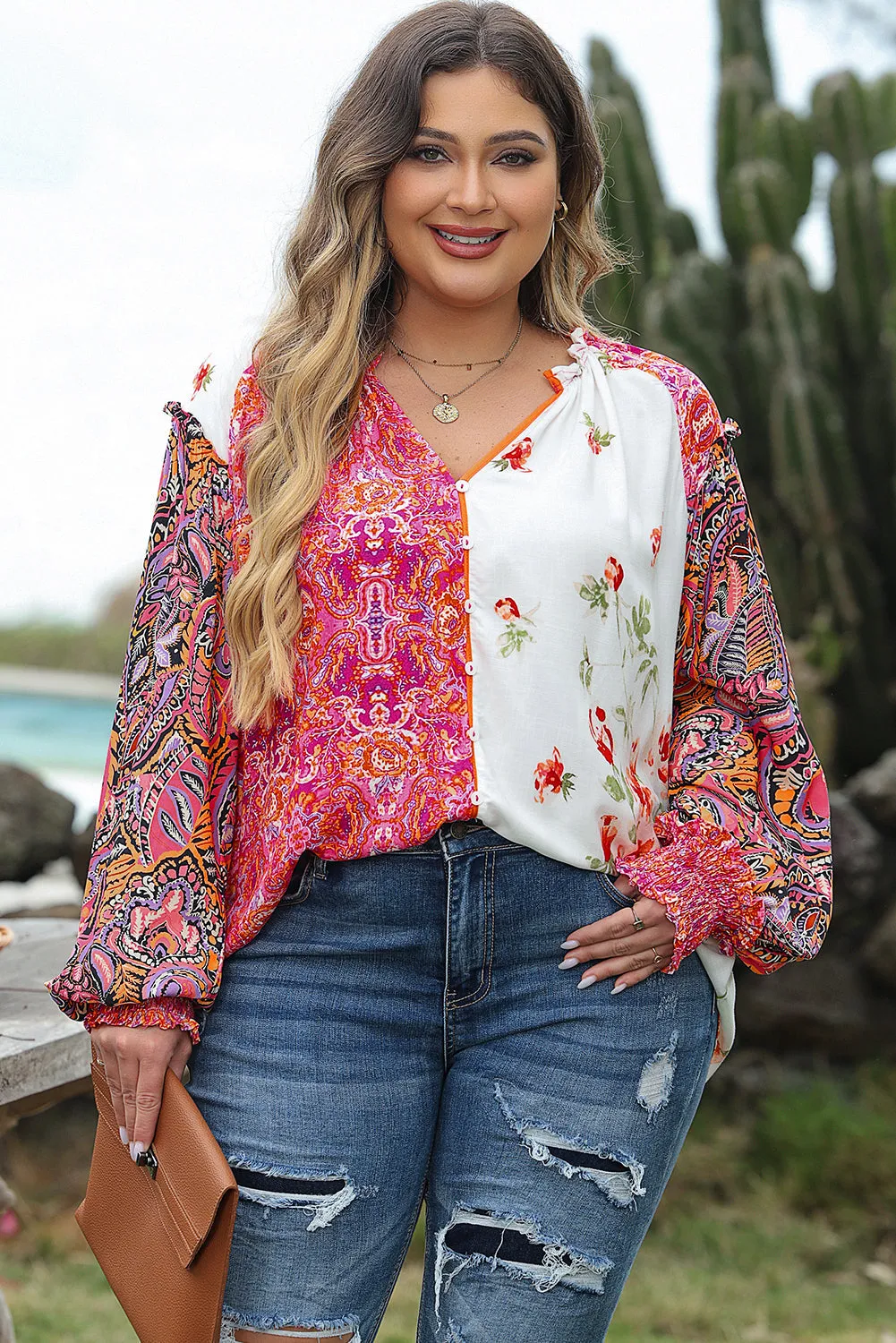 Floral Shirred Cuffs Buttoned Blouse