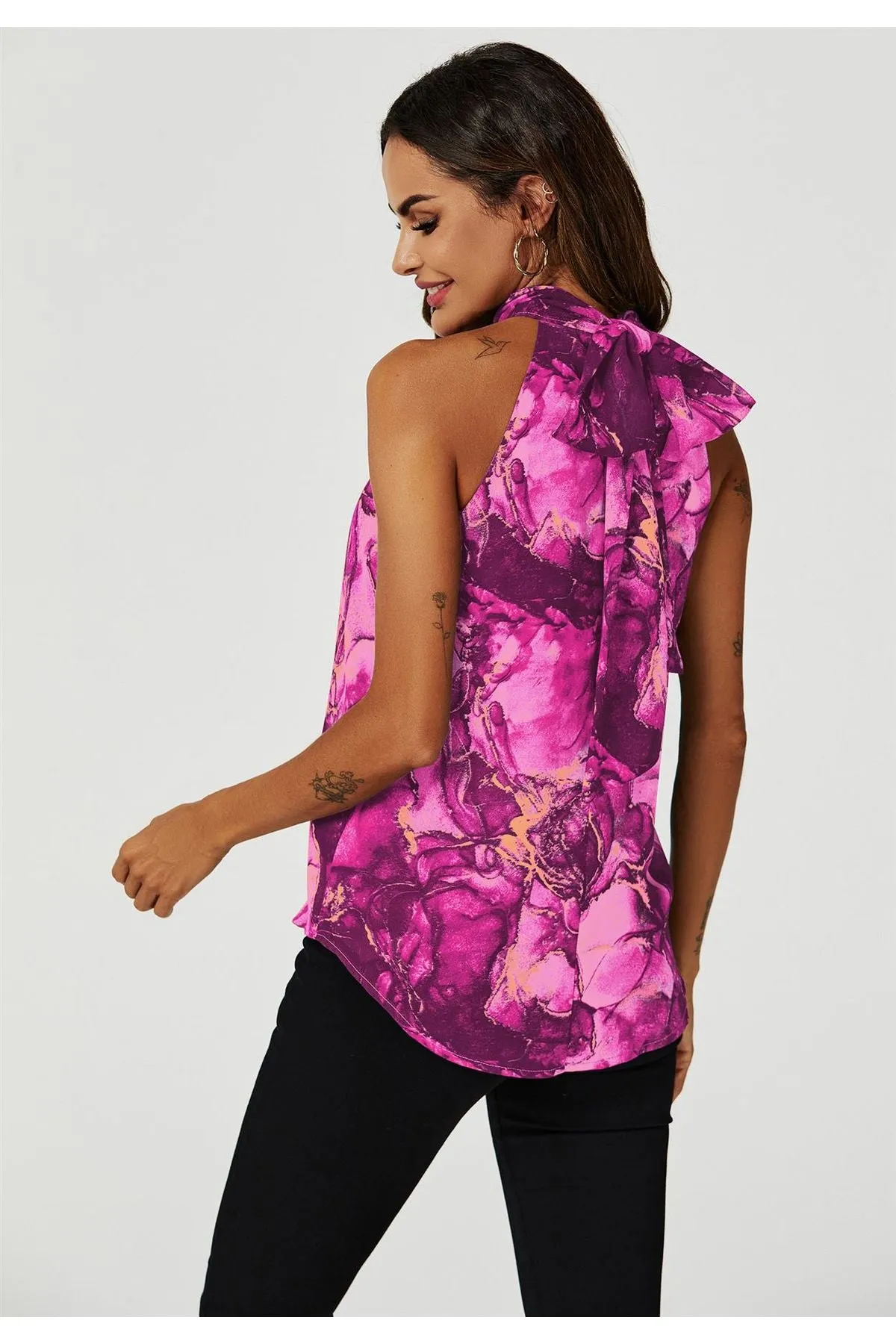 FS Collection Marble Print Halter Neck Tie Back Top In Fuchsia Pink