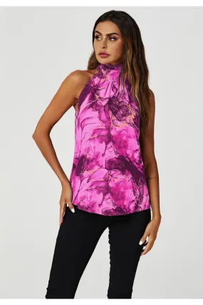 FS Collection Marble Print Halter Neck Tie Back Top In Fuchsia Pink