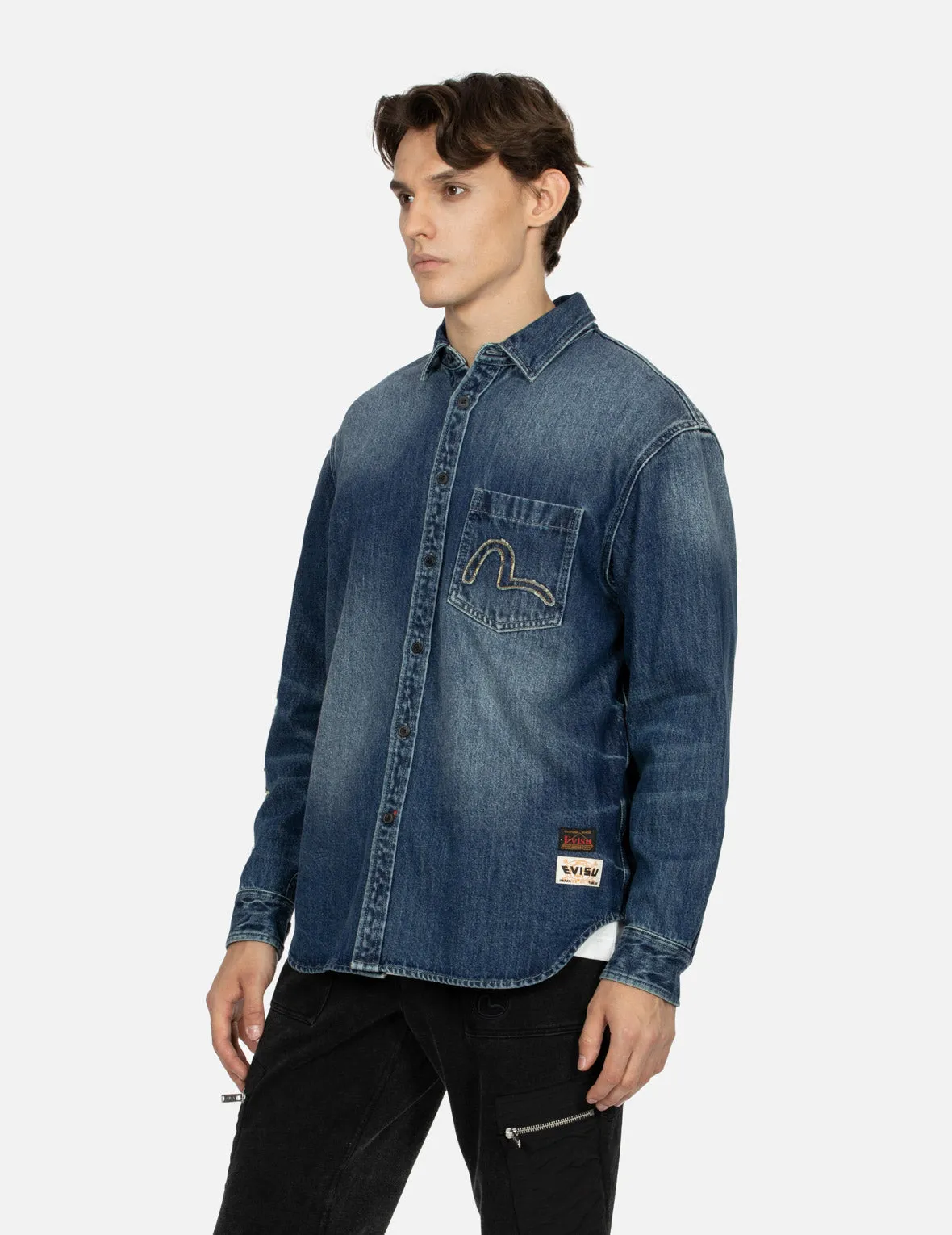 Grunge Style Logo and Seagull Appliqué Relax Fit Denim Shirt