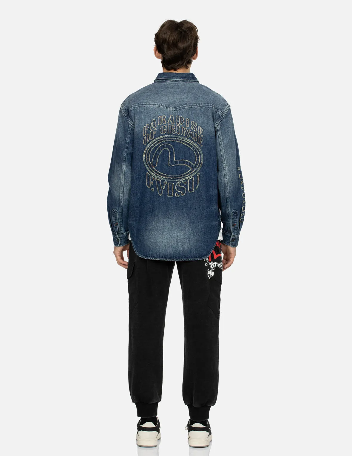 Grunge Style Logo and Seagull Appliqué Relax Fit Denim Shirt