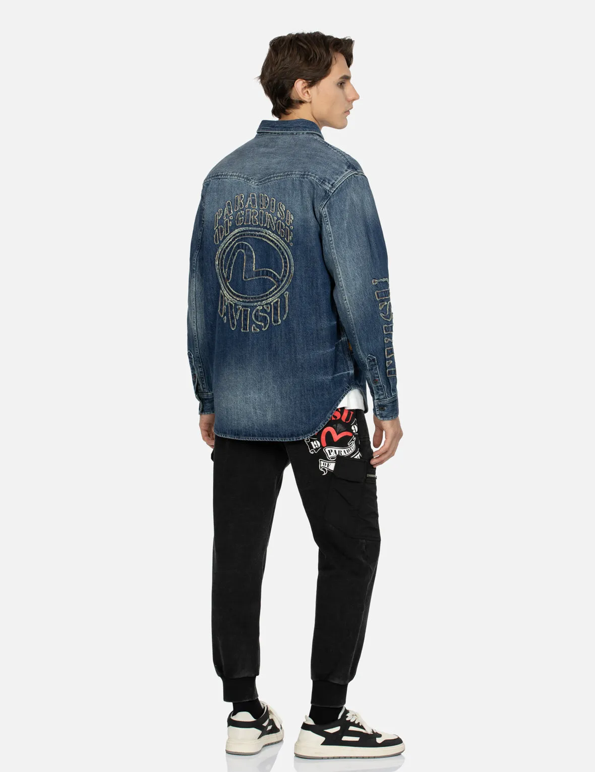 Grunge Style Logo and Seagull Appliqué Relax Fit Denim Shirt