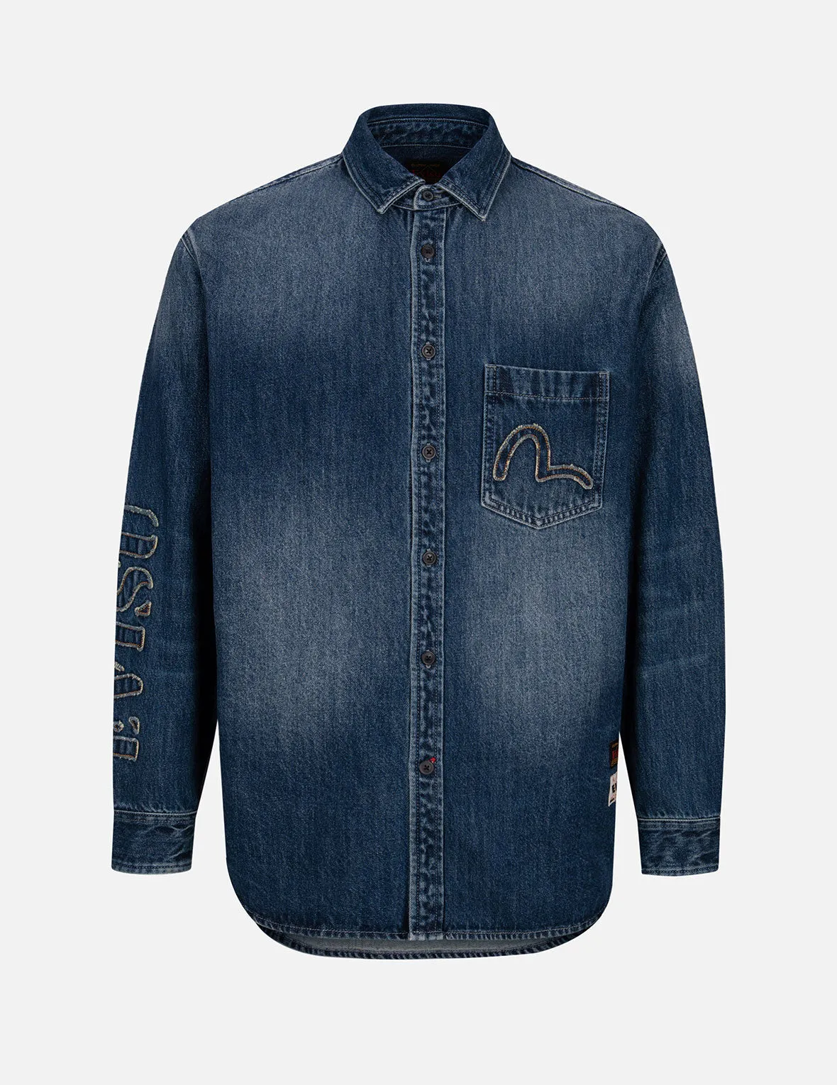 Grunge Style Logo and Seagull Appliqué Relax Fit Denim Shirt