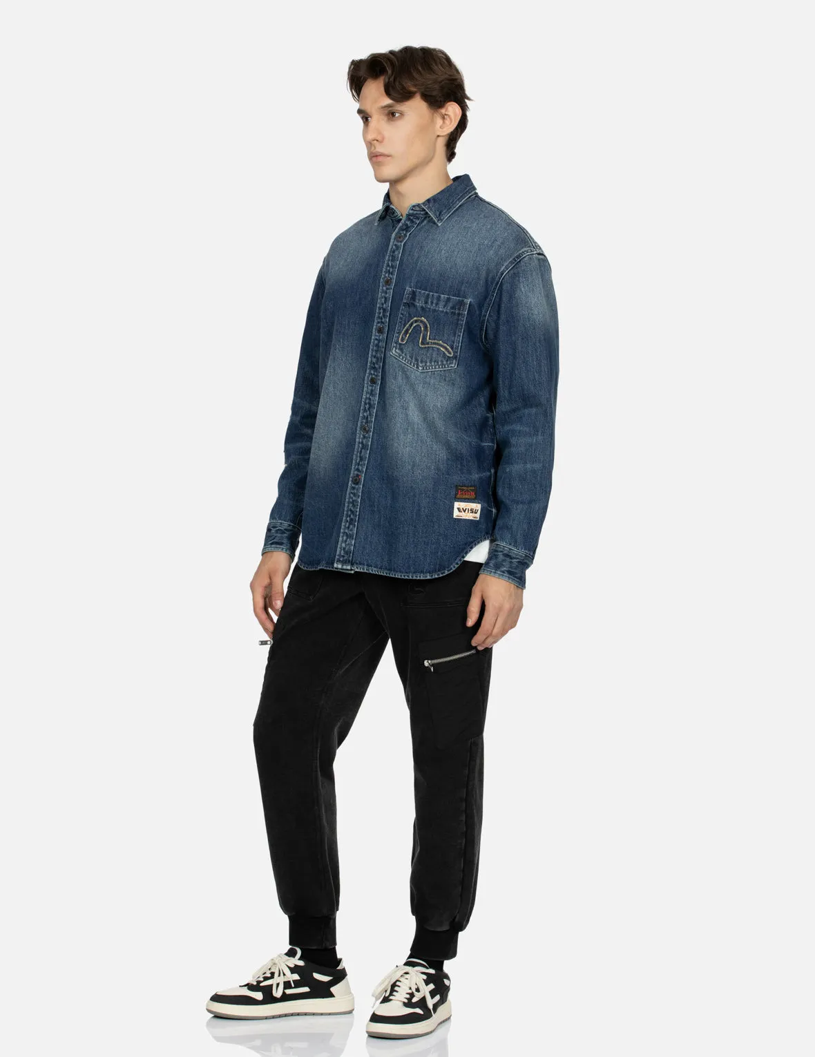 Grunge Style Logo and Seagull Appliqué Relax Fit Denim Shirt