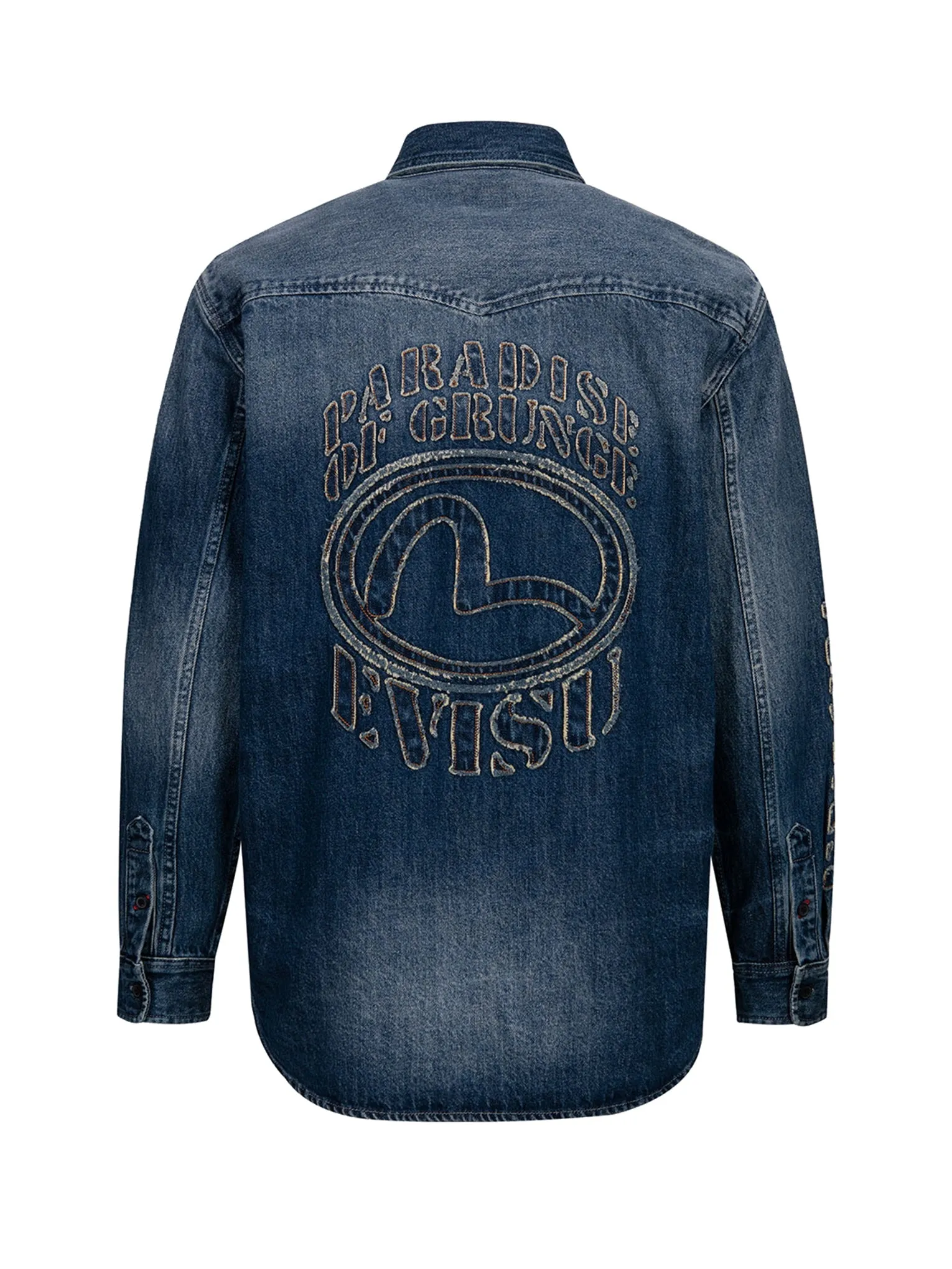 Grunge Style Logo and Seagull Appliqué Relax Fit Denim Shirt