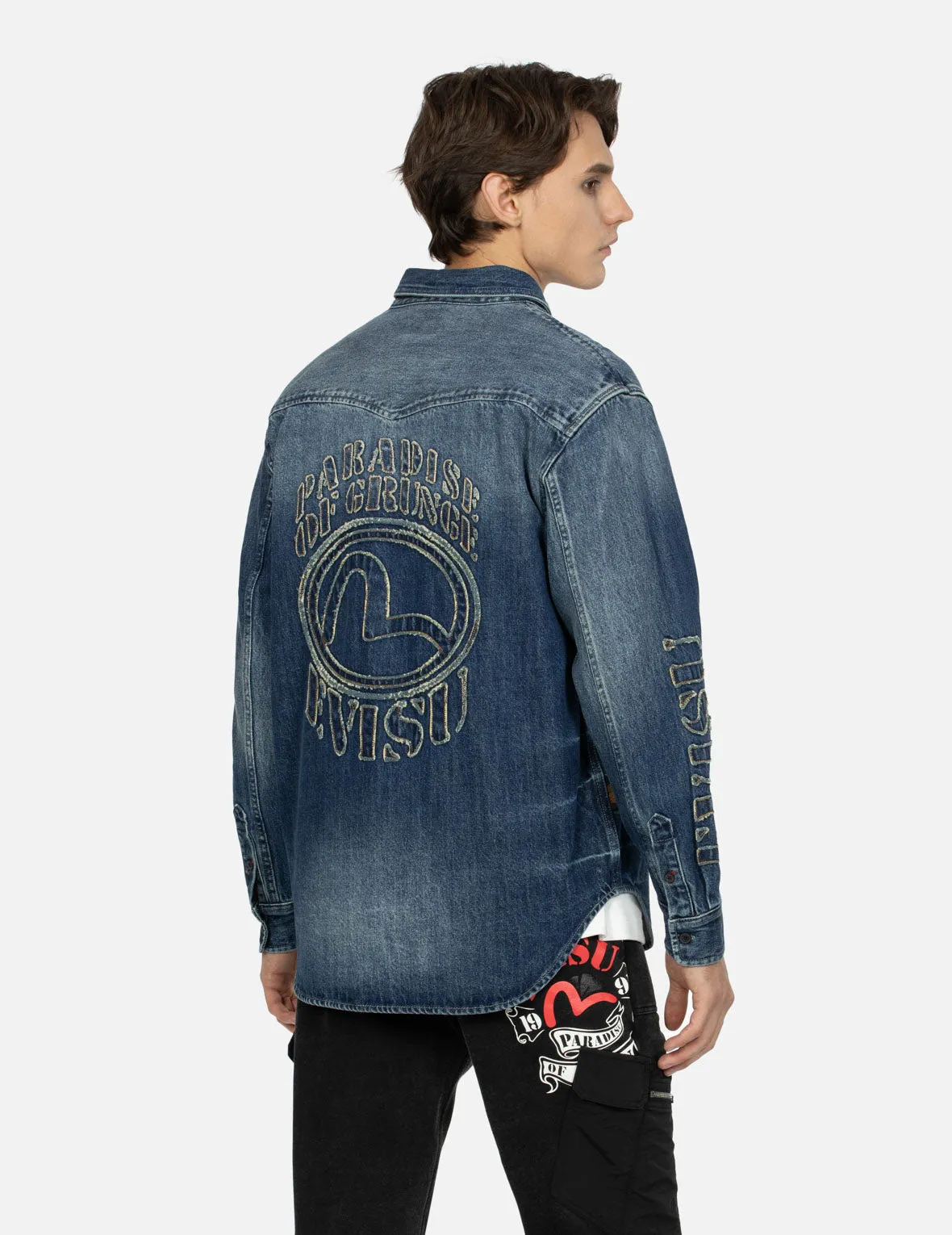 Grunge Style Logo and Seagull Appliqué Relax Fit Denim Shirt