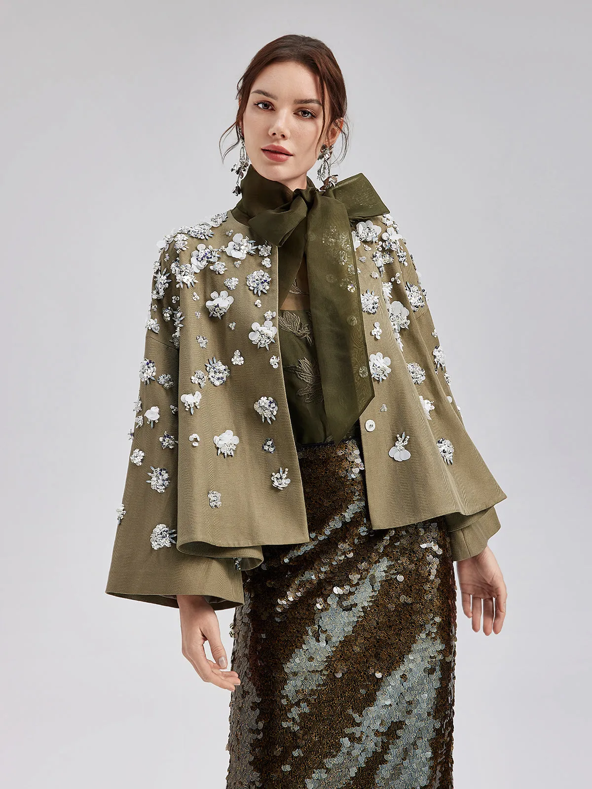 Hand-Embroidered Linen Cape Coat