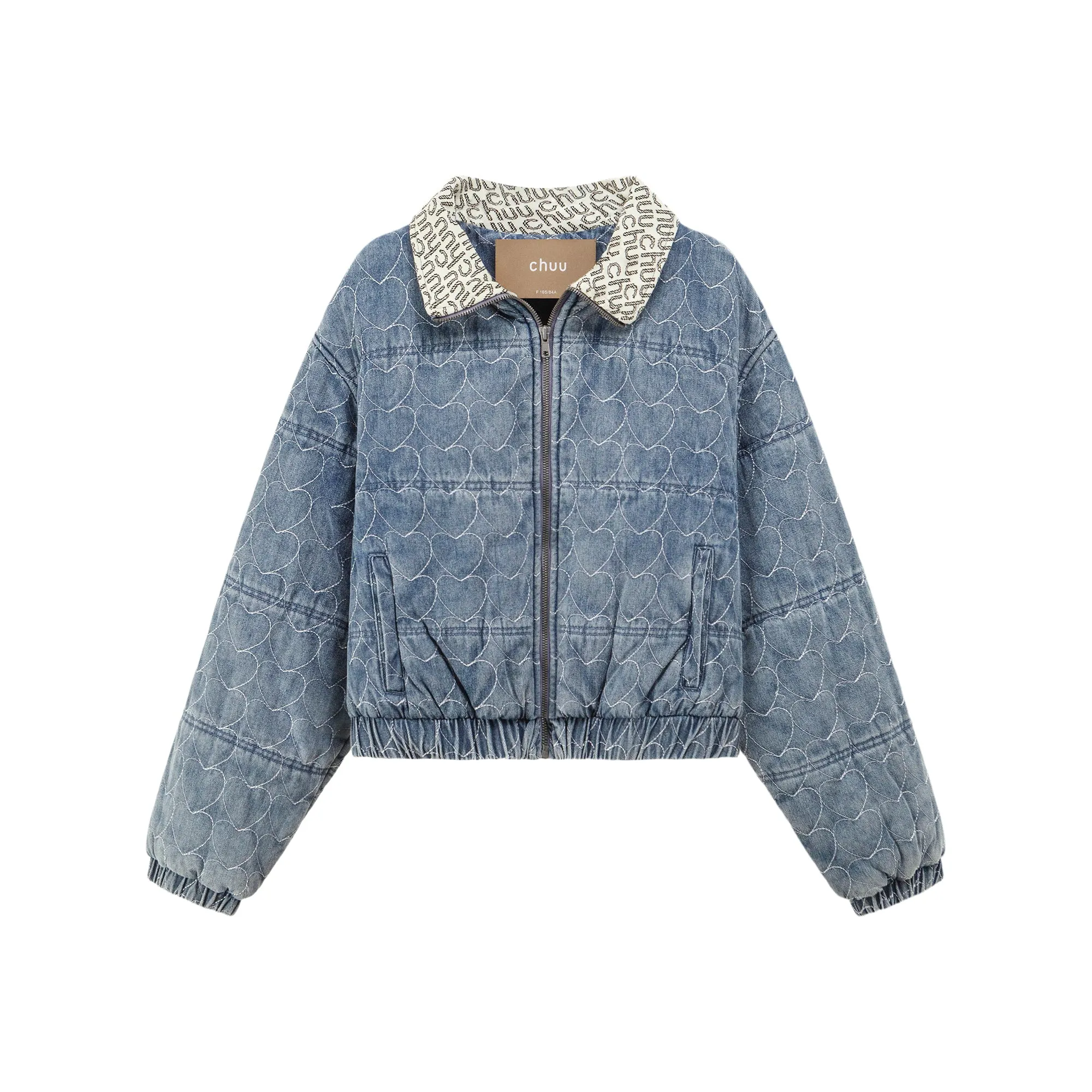 Heart Print Zip-Up Denim Jacket