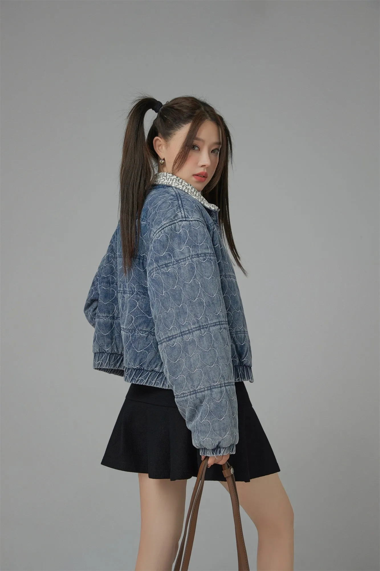 Heart Print Zip-Up Denim Jacket