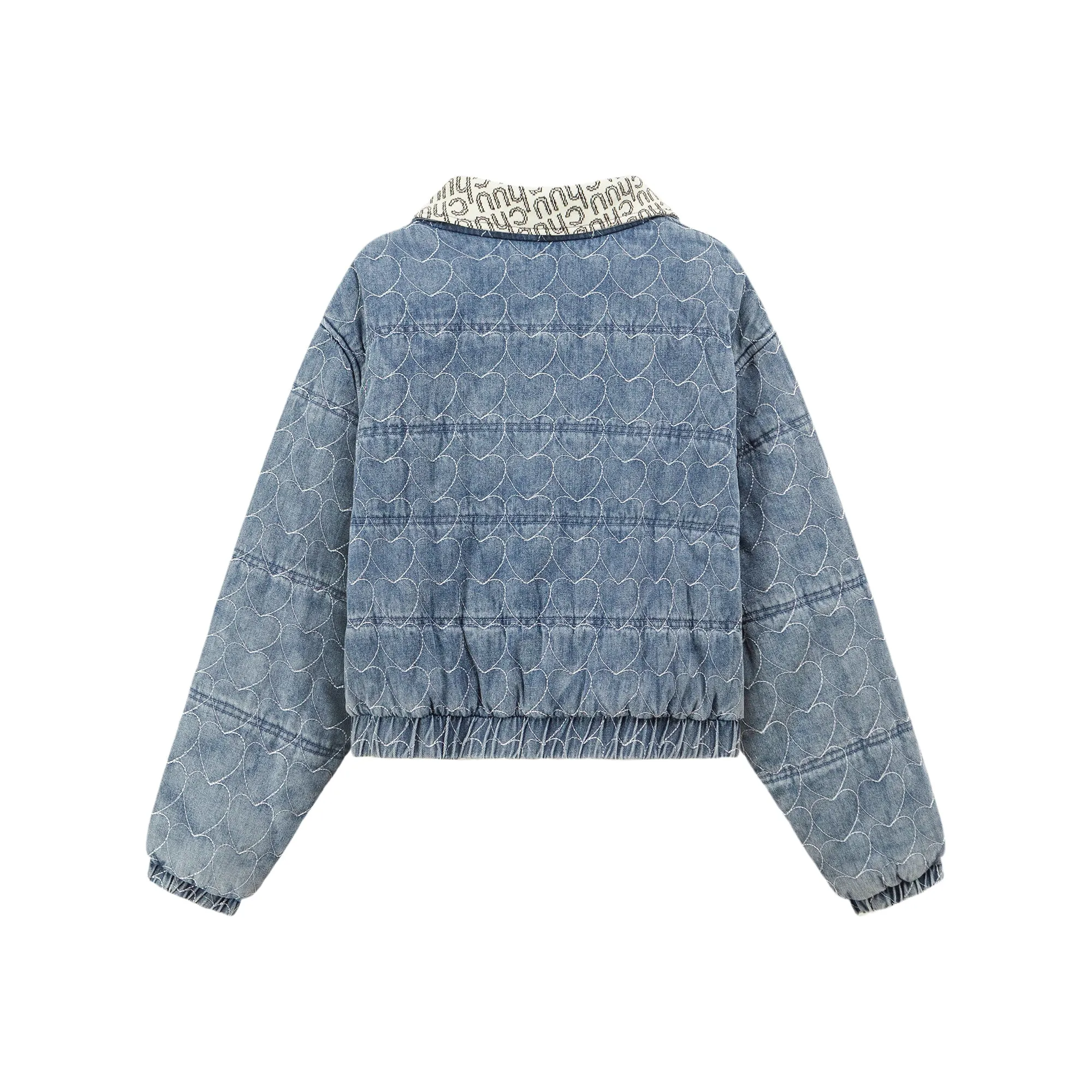 Heart Print Zip-Up Denim Jacket