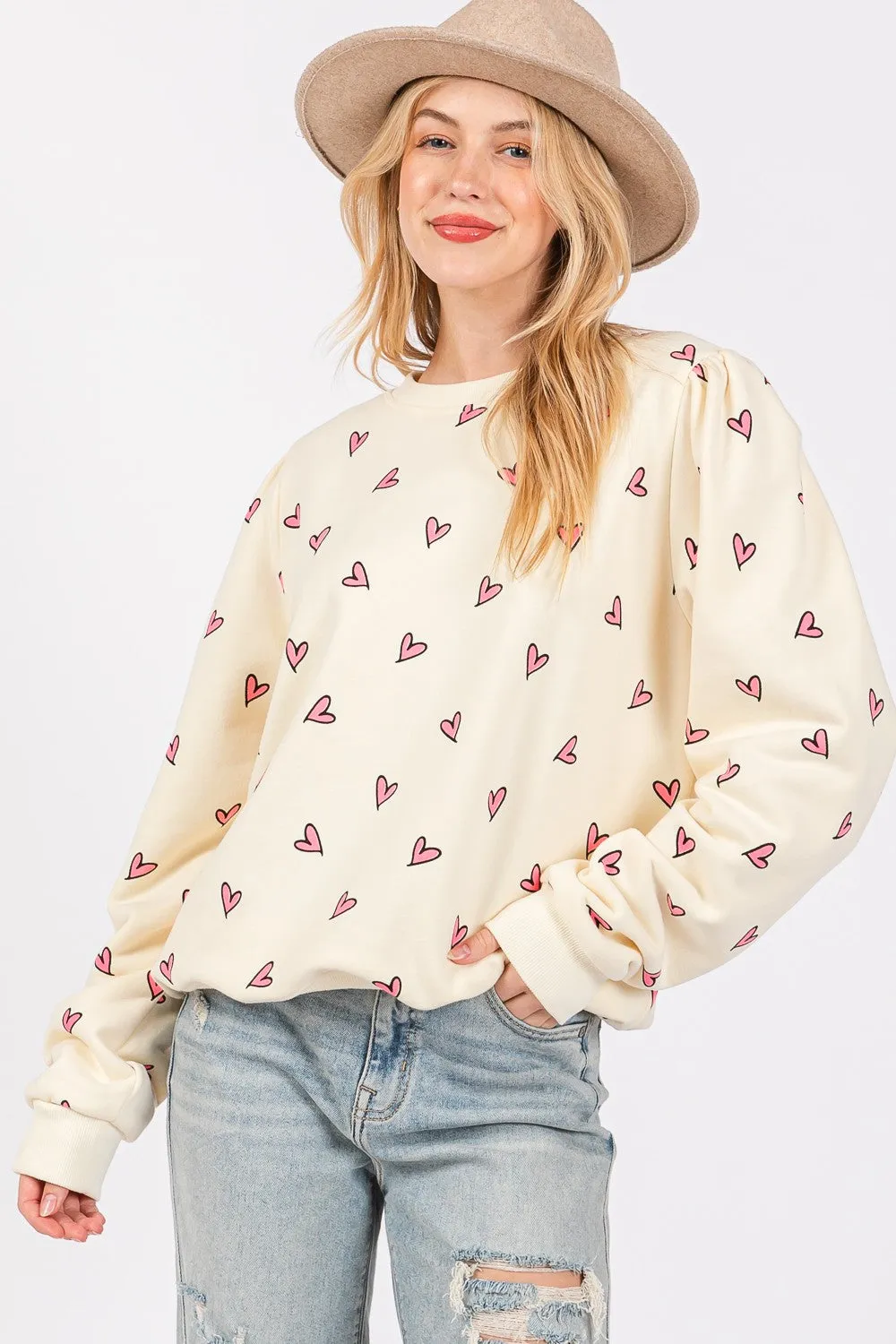 Heart Printed Contrast Long Sleeve Sweatshirt