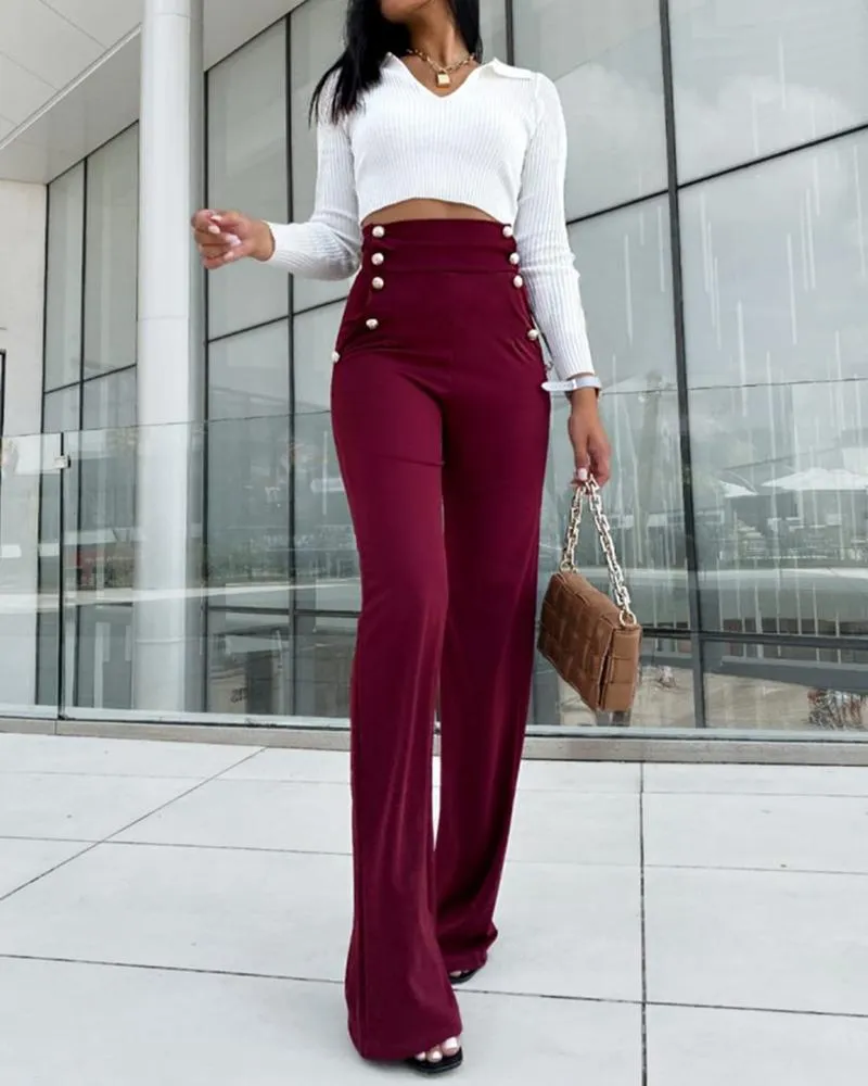 High Waist Pocket Design Buttoned Pants