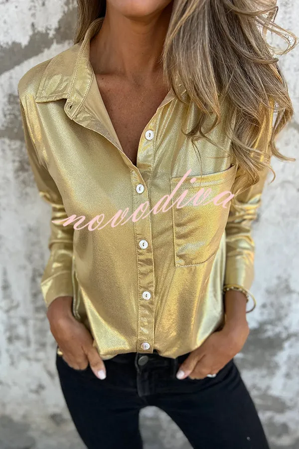 Holiday Look Solid Metallic Loose Pocket Button-down Blouse