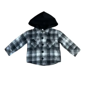 Hooded Shacket: Black Plaid