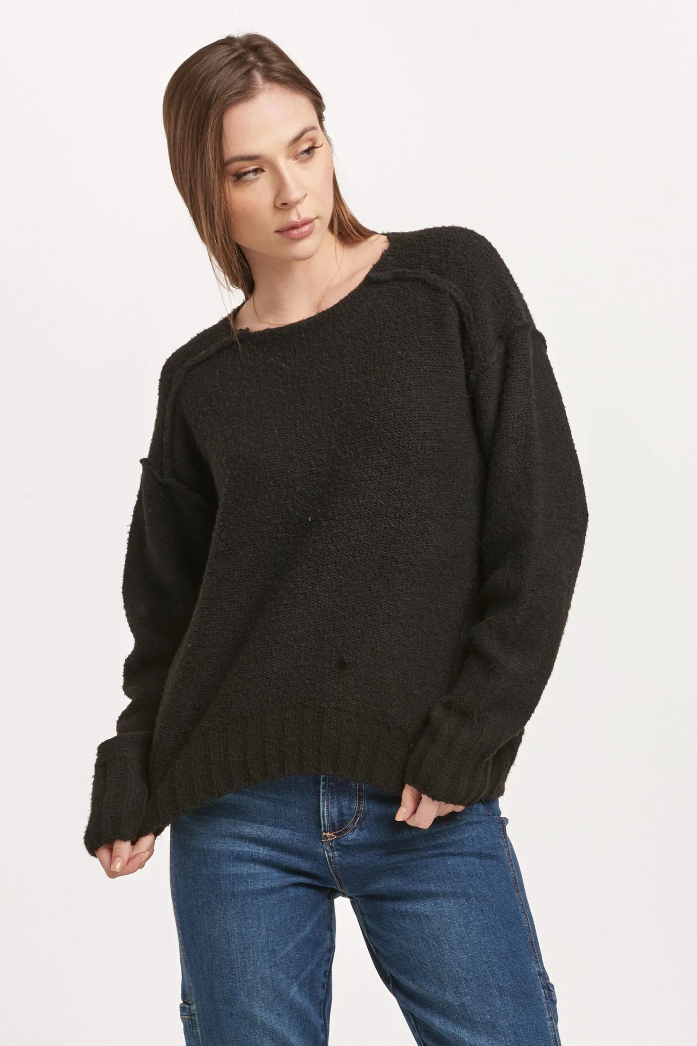 JENNA RAW DETAIL LONG SLEEVE RELAXED FIT SWEATER BLACK