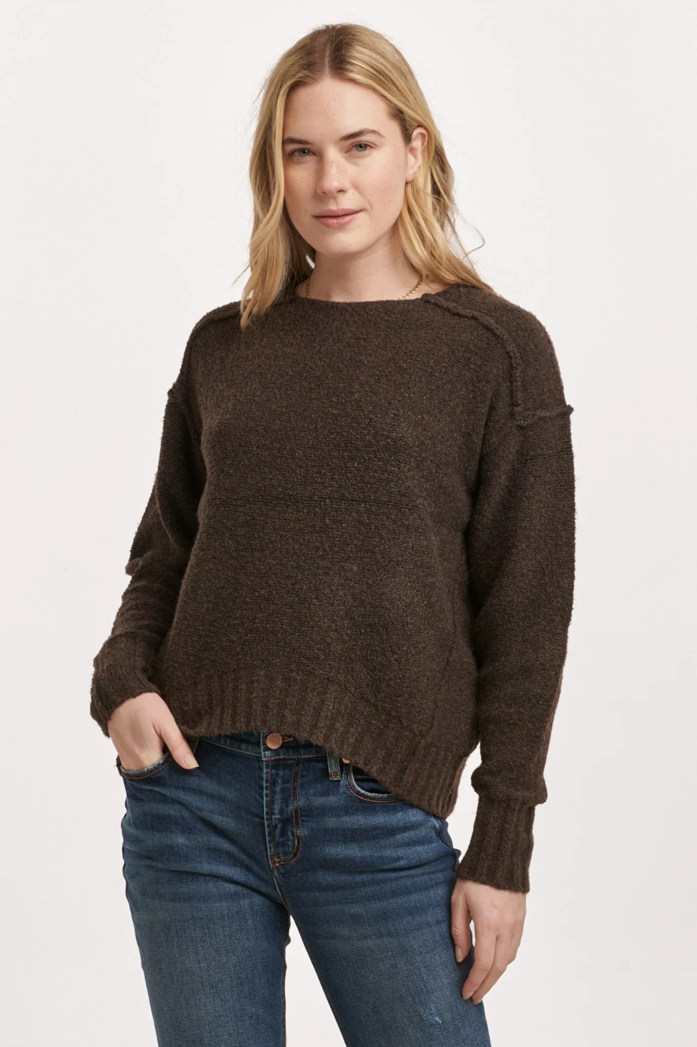 JENNA RAW DETAIL LONG SLEEVE RELAXED FIT SWEATER DARK CHOCOLATE