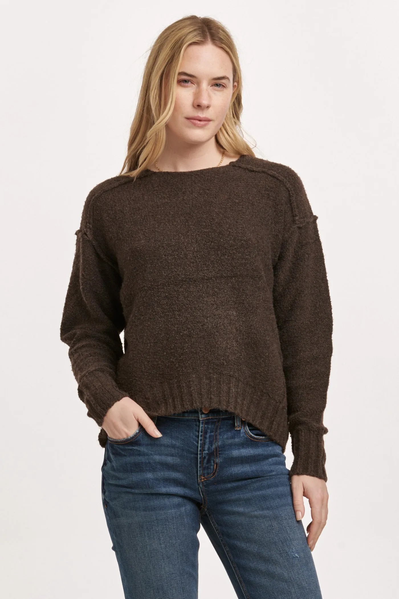 JENNA RAW DETAIL LONG SLEEVE RELAXED FIT SWEATER DARK CHOCOLATE