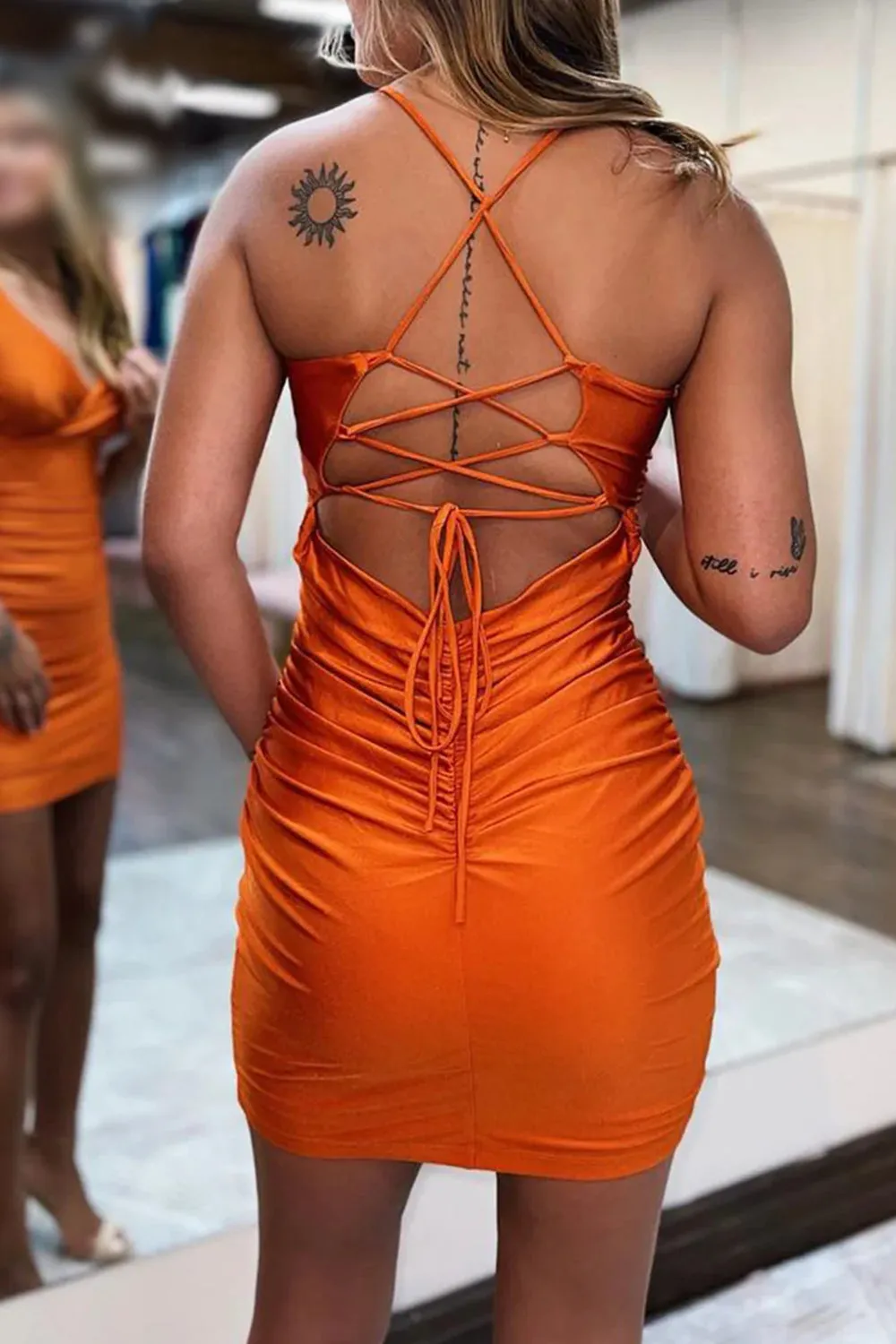 Journi | Orange Lace-Up Back Spaghetti Straps Tight Short Homecoming Dress