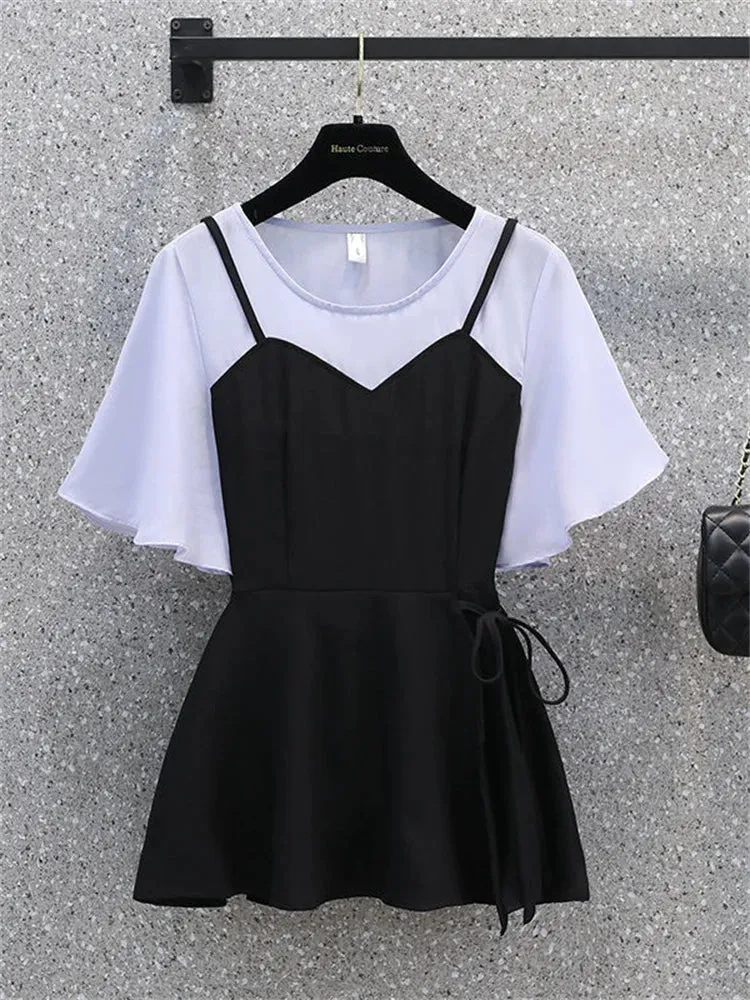 Korean Style New Suspender Suit Skirt Fake Two Pieces Set