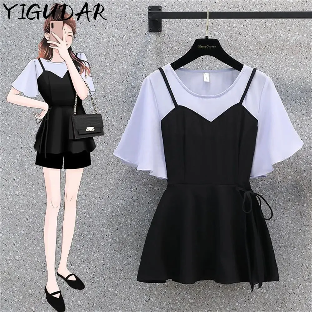 Korean Style New Suspender Suit Skirt Fake Two Pieces Set