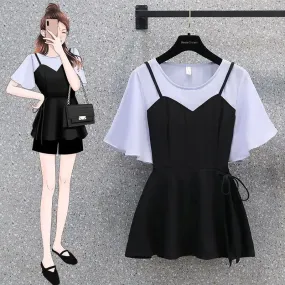 Korean Style New Suspender Suit Skirt Fake Two Pieces Set