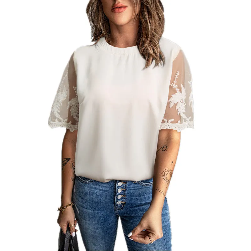 Lace Crochet Sleeve Round Neck Casual Wholesale Patchwork Blouses Summer