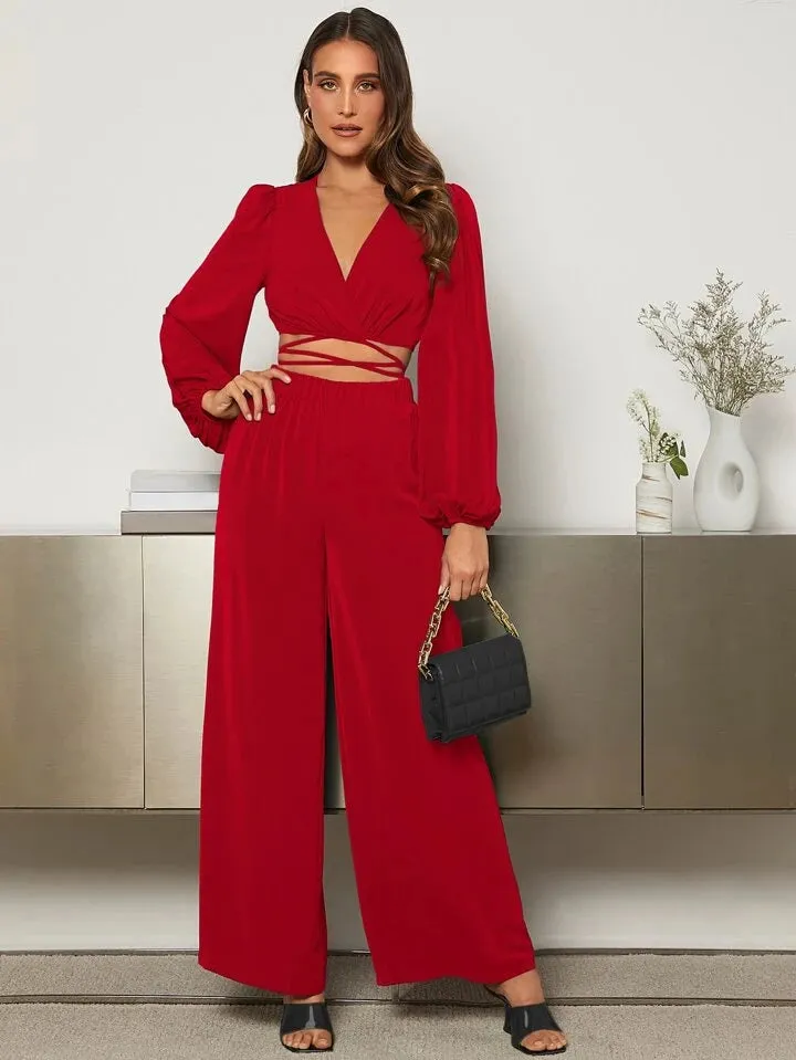 Lantern Sleeve Wrap Knot Back Crop top & Wide Leg trousers in red