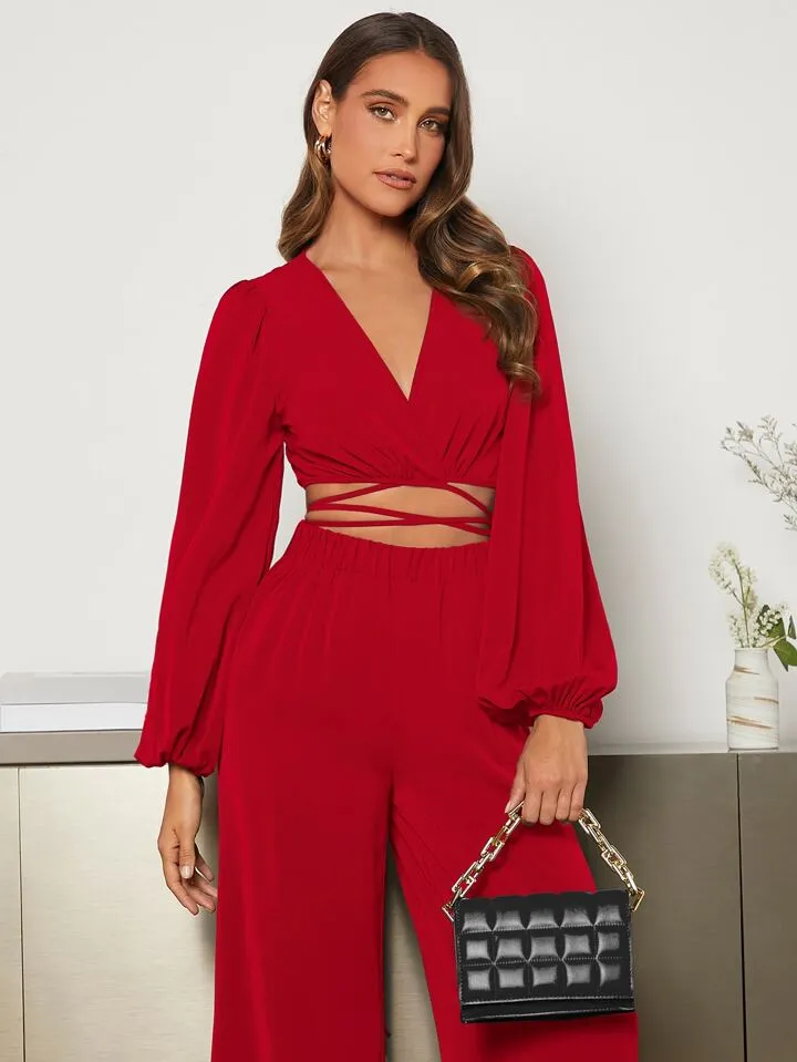 Lantern Sleeve Wrap Knot Back Crop top & Wide Leg trousers in red