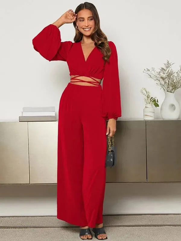 Lantern Sleeve Wrap Knot Back Crop top & Wide Leg trousers in red