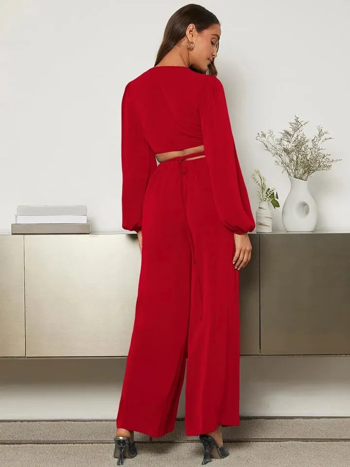 Lantern Sleeve Wrap Knot Back Crop top & Wide Leg trousers in red