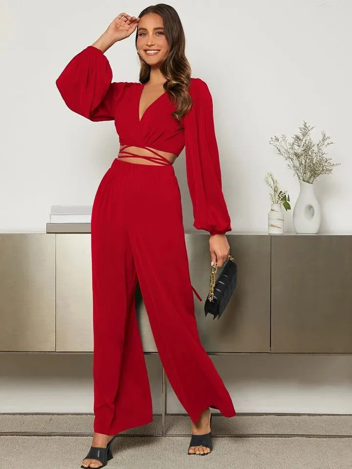 Lantern Sleeve Wrap Knot Back Crop top & Wide Leg trousers in red