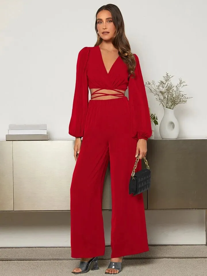 Lantern Sleeve Wrap Knot Back Crop top & Wide Leg trousers in red