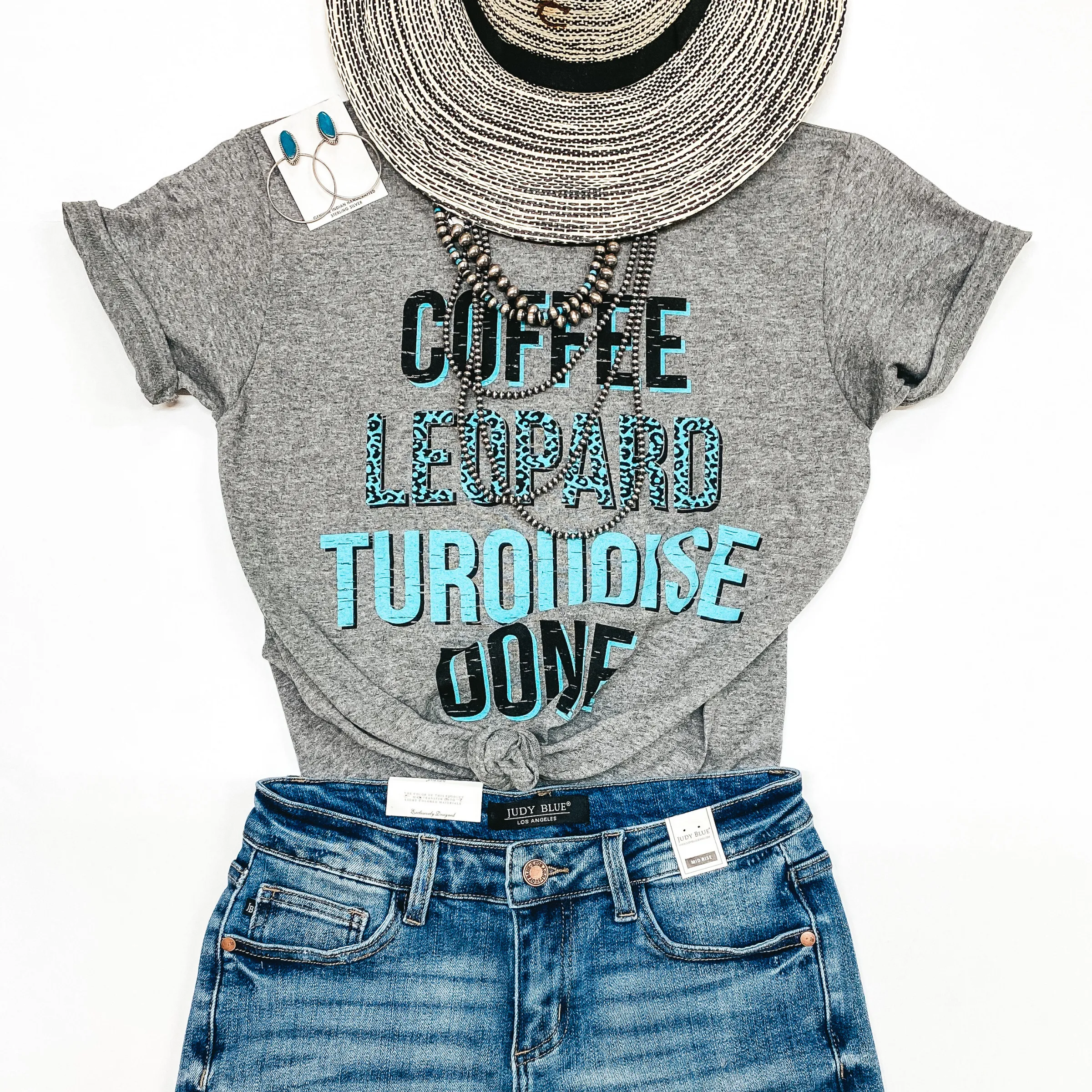 Last Chance Size Small | Coffee, Leopard, Turquoise, Done Short Sleeve Graphic Tee in Heather Grey