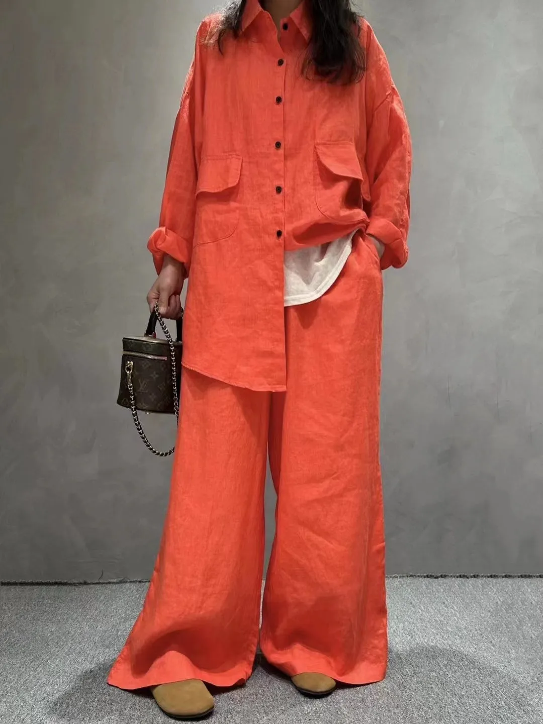 Linen Loose Shirt &Wide-Leg Pants 2-Pieces Suit