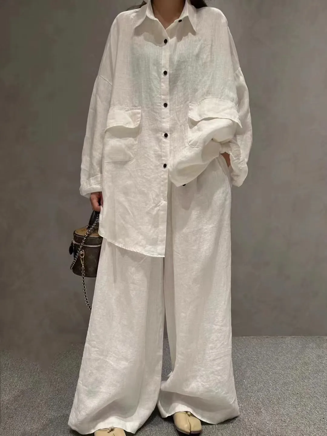 Linen Loose Shirt &Wide-Leg Pants 2-Pieces Suit