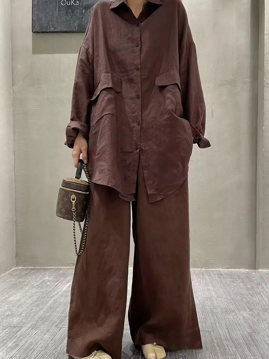 Linen Loose Shirt &Wide-Leg Pants 2-Pieces Suit