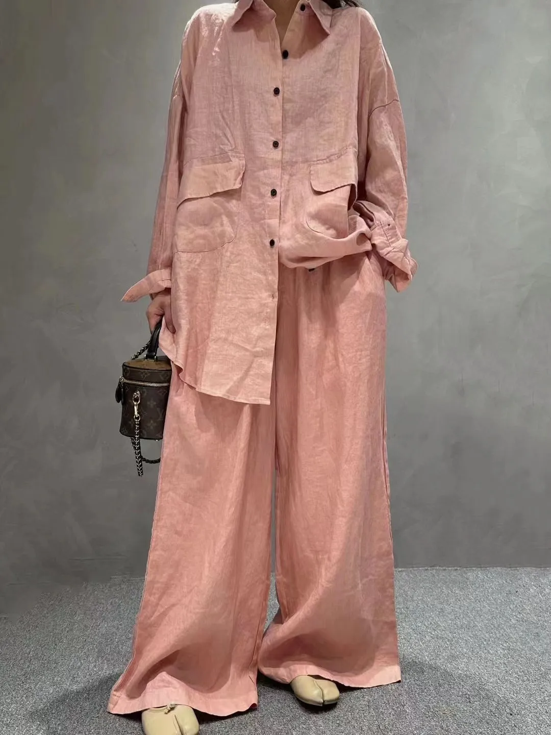 Linen Loose Shirt &Wide-Leg Pants 2-Pieces Suit