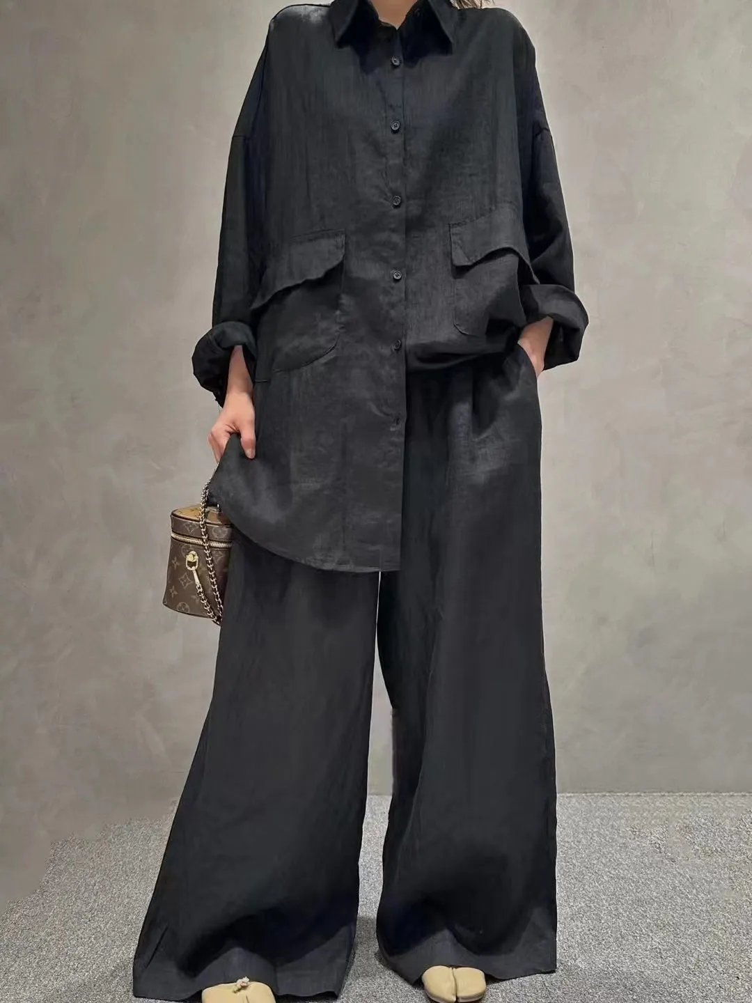 Linen Loose Shirt &Wide-Leg Pants 2-Pieces Suit