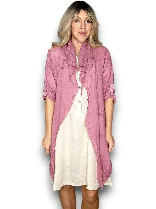 LONG DRAWSTRNG LINEN JACKET BERRY