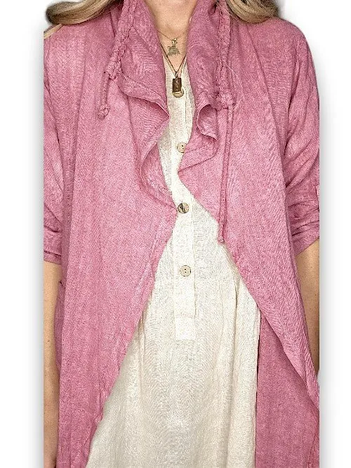 LONG DRAWSTRNG LINEN JACKET BERRY