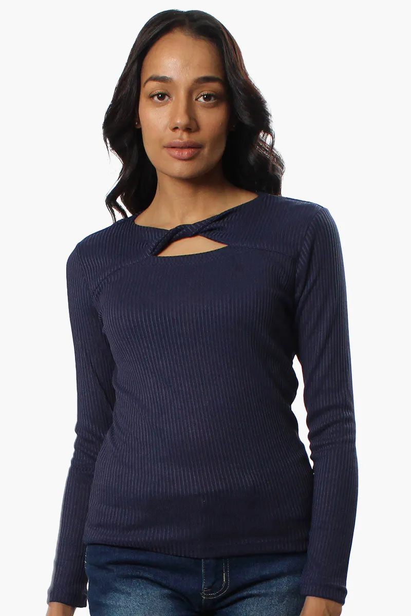 Magazine Ribbed Front Twist Long Sleeve Top - Navy