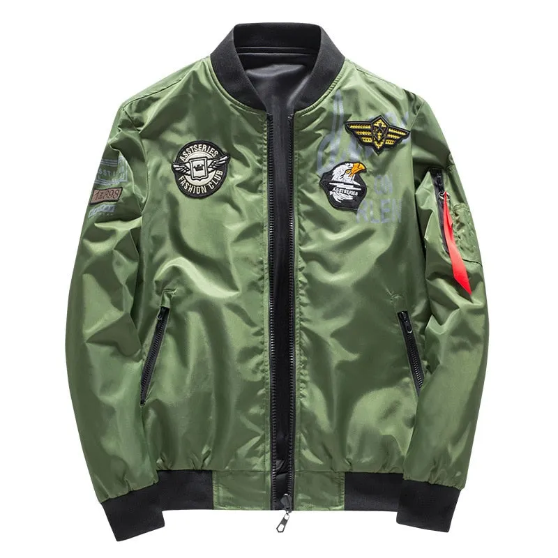 Male Bomber Jacket Men Army Military Pilot Jacket Badge Embroidery Baseball Jacket Double Sided Motorcycle Coat Big Size 5XL 6XL