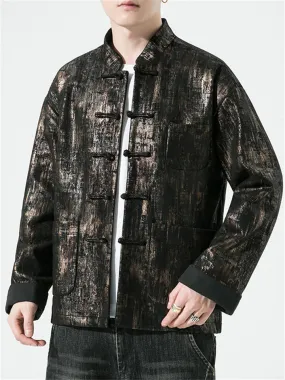 Men's Chinese Style Knot Button Stand Collar Patch Pockets Jacket