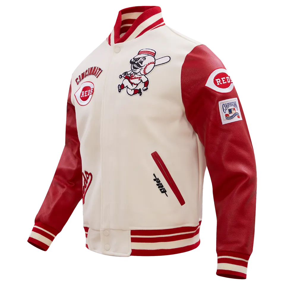 MLB CINCINNATI REDS RETRO CLASSIC MEN'S RIB WOOL VARSITY JACKET (EGGSHELL/ RED)