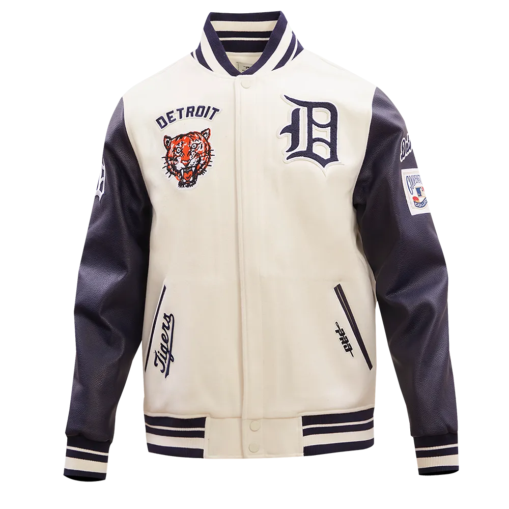 MLB DETROIT TIGERS RETRO CLASSIC MEN'S RIB WOOL VARSITY JACKET (EGGSHELL/MIDNIGHT NAVY)