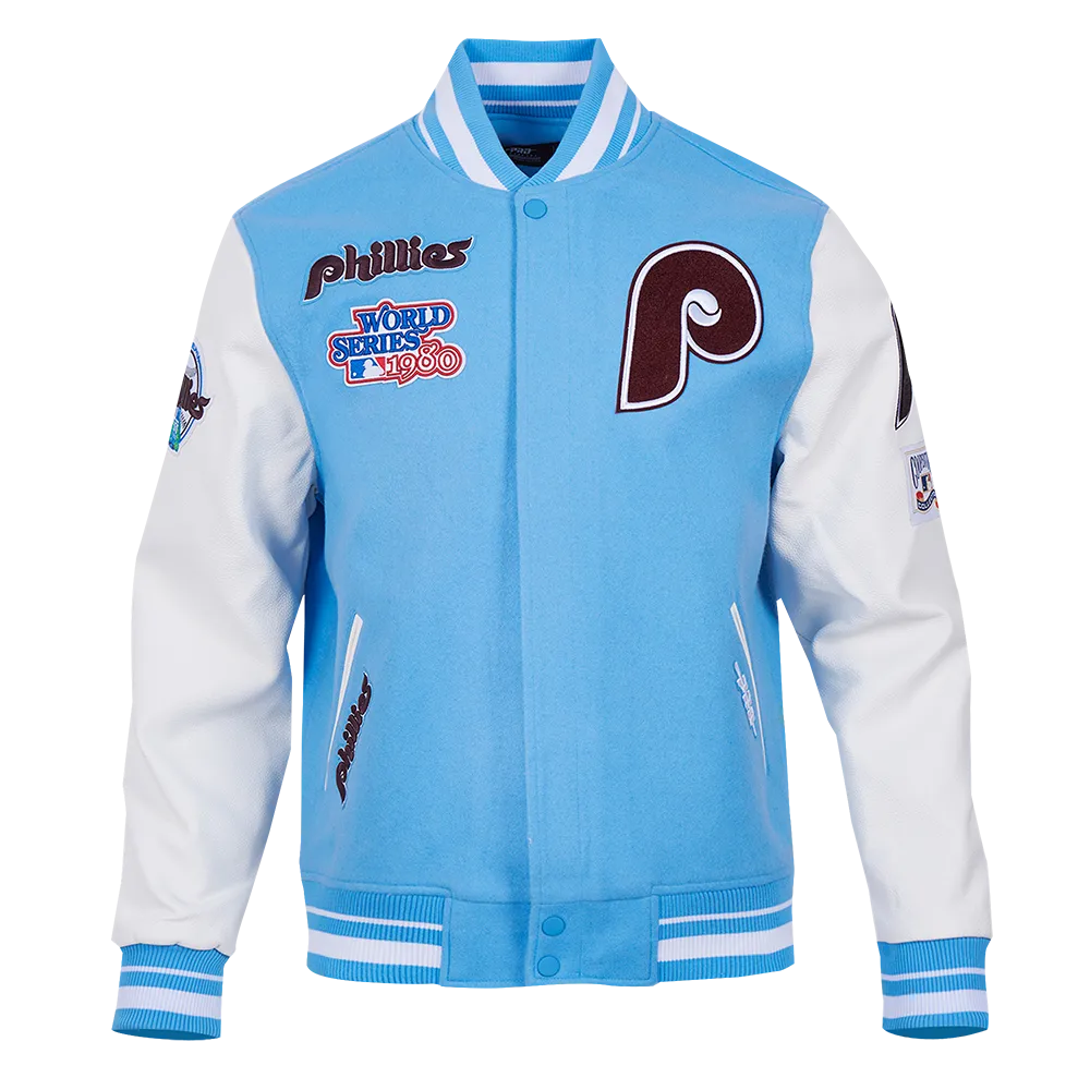 MLB PHILADELPHIA PHILLIES RETRO CLASSIC MEN'S RIB WOOL VARSITY JACKET (UNIVERSITY BLUE/WHITE)