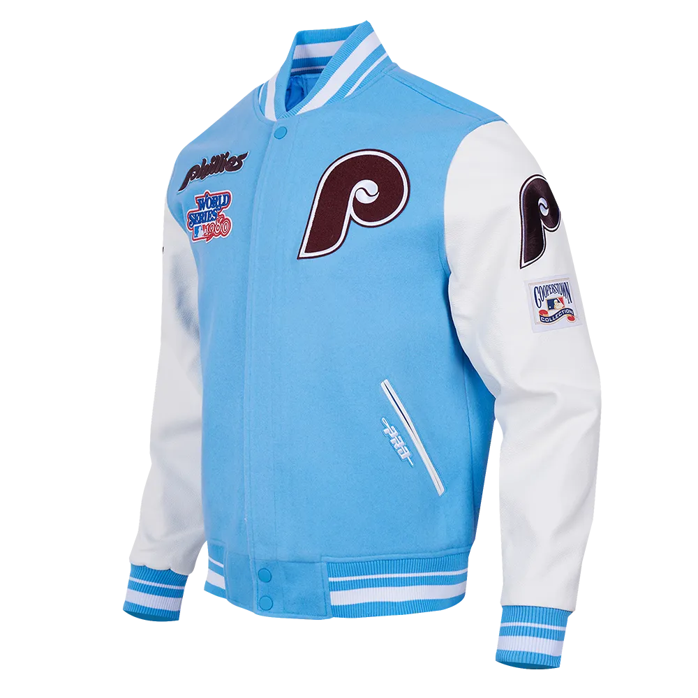 MLB PHILADELPHIA PHILLIES RETRO CLASSIC MEN'S RIB WOOL VARSITY JACKET (UNIVERSITY BLUE/WHITE)