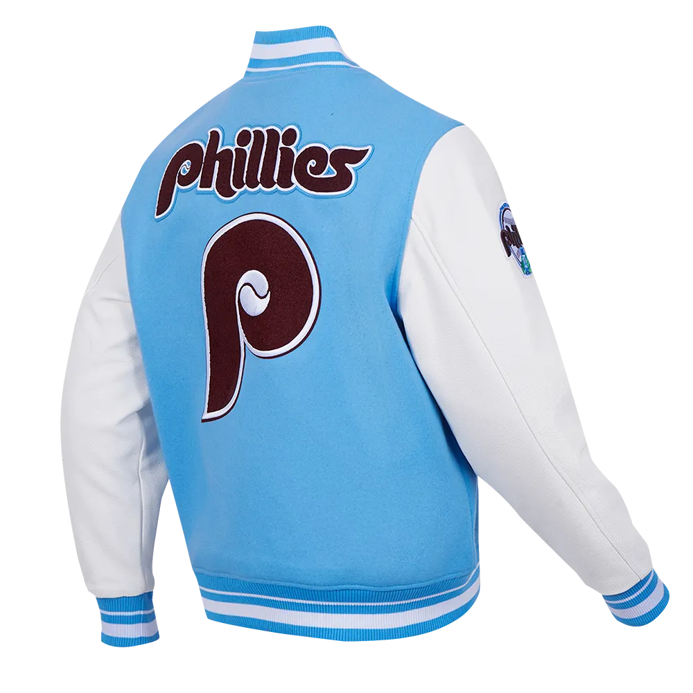 MLB PHILADELPHIA PHILLIES RETRO CLASSIC MEN'S RIB WOOL VARSITY JACKET (UNIVERSITY BLUE/WHITE)