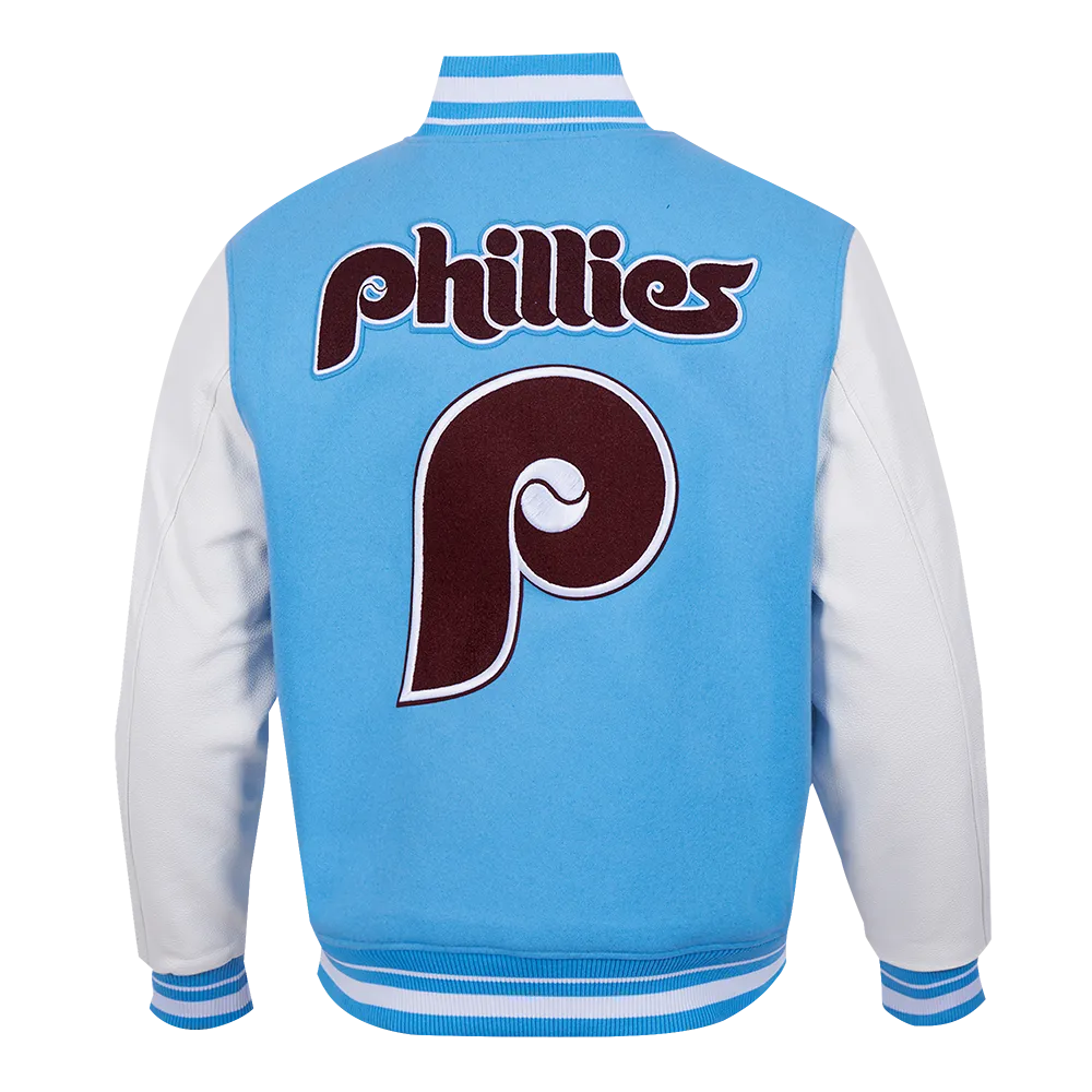 MLB PHILADELPHIA PHILLIES RETRO CLASSIC MEN'S RIB WOOL VARSITY JACKET (UNIVERSITY BLUE/WHITE)